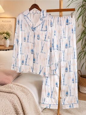 Sheshow Champagne Print Satin Pajama Set - Blue on White